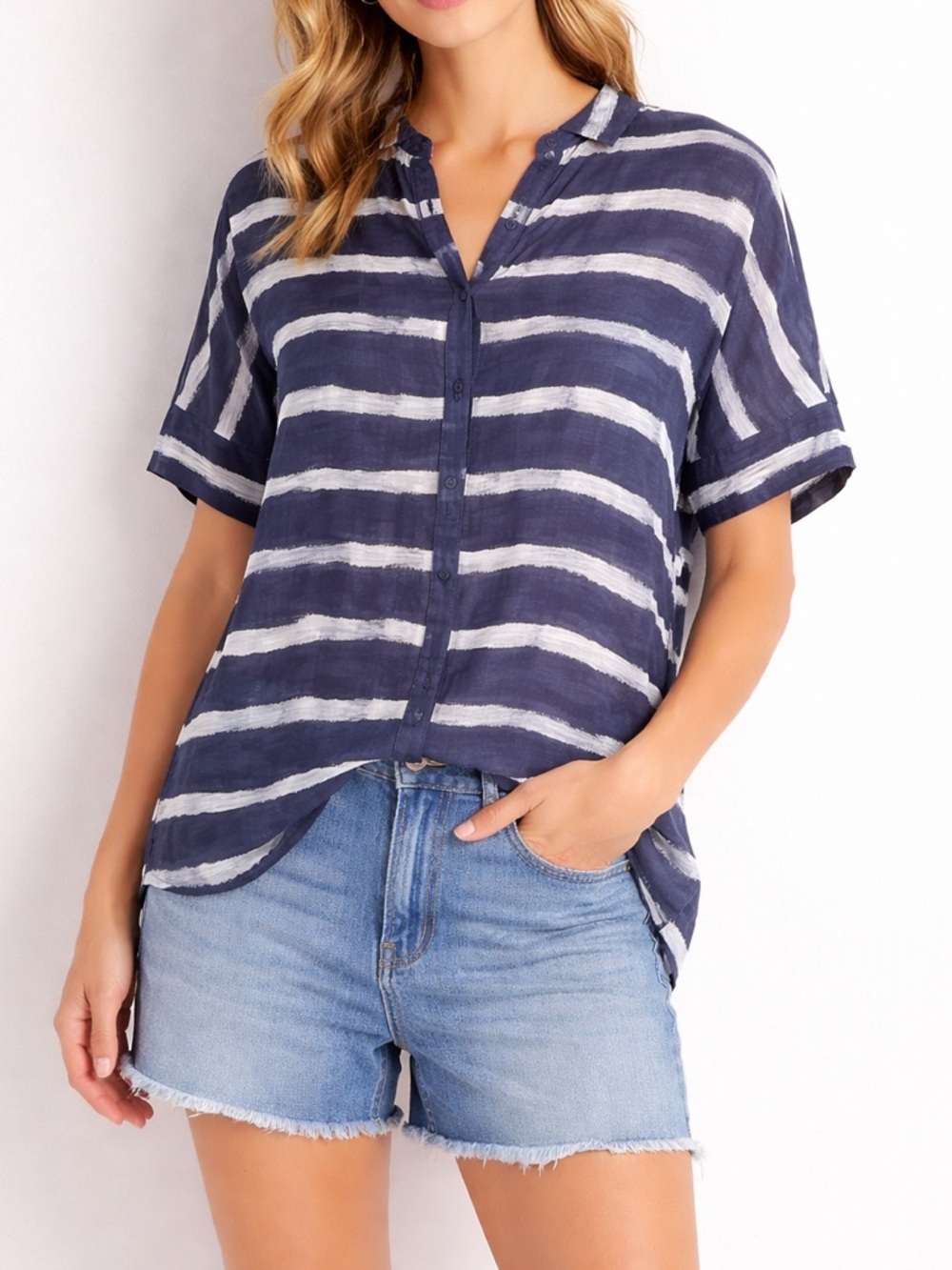 Lafayette 148 New York • Silk Blend Striped Short Sleeve Button‎ Up Shirt Top M